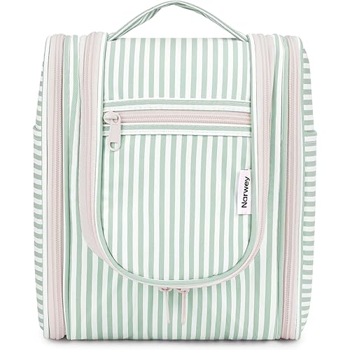 Narwey Small Striped Hanging Travel Toiletry Bag for Women, Travel Bag for Toiletries, Makeup Bag Organizer Cosmetic Bags Make Up Bags for Women (Mint Green Stripe)