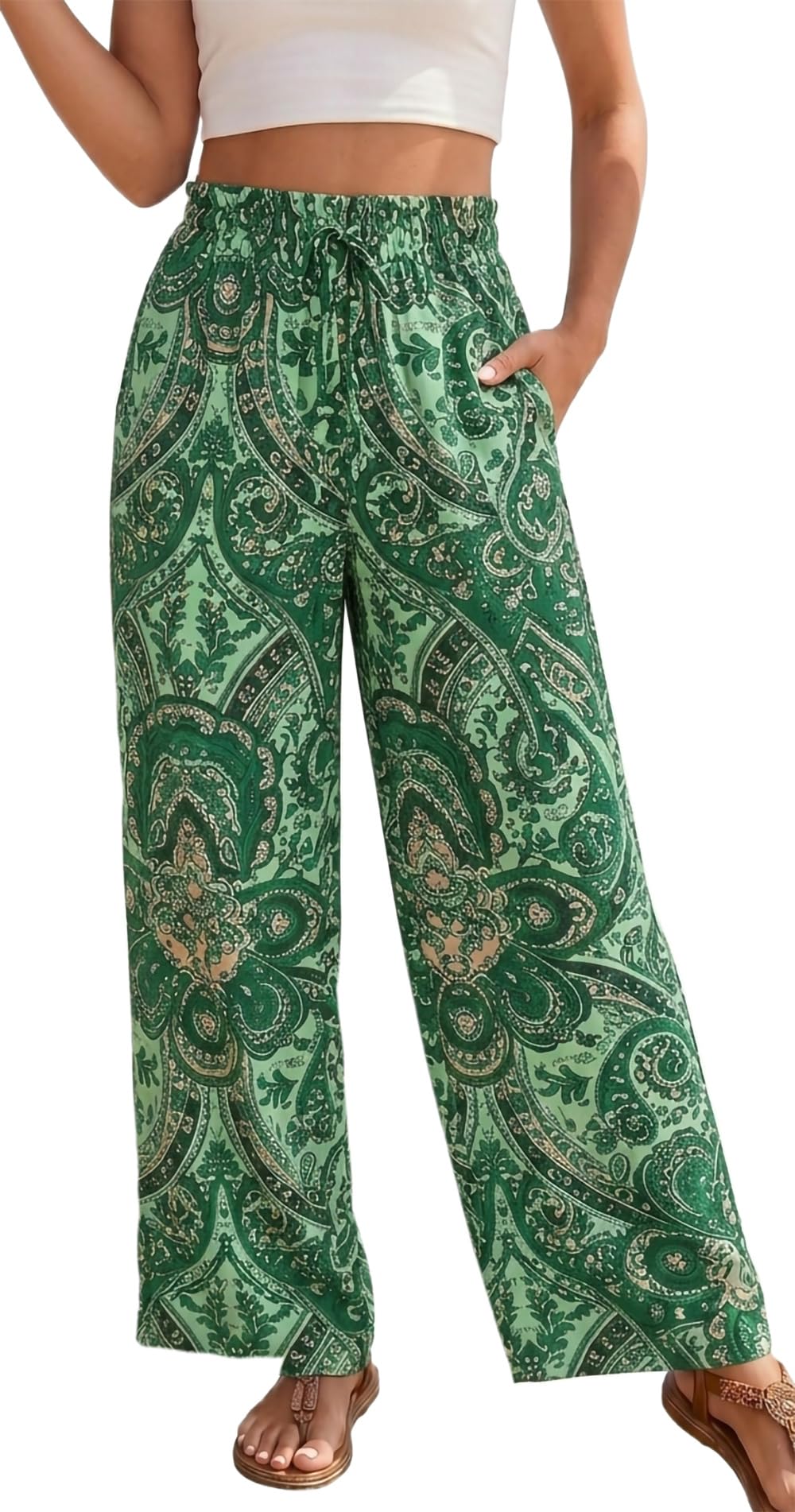YUTILA Damen Sommerhose Weite High Waist Strandhose Boho Leichte Luftig Freizeithose mit Taschen Palazzo Hose Einfarbig & Muster