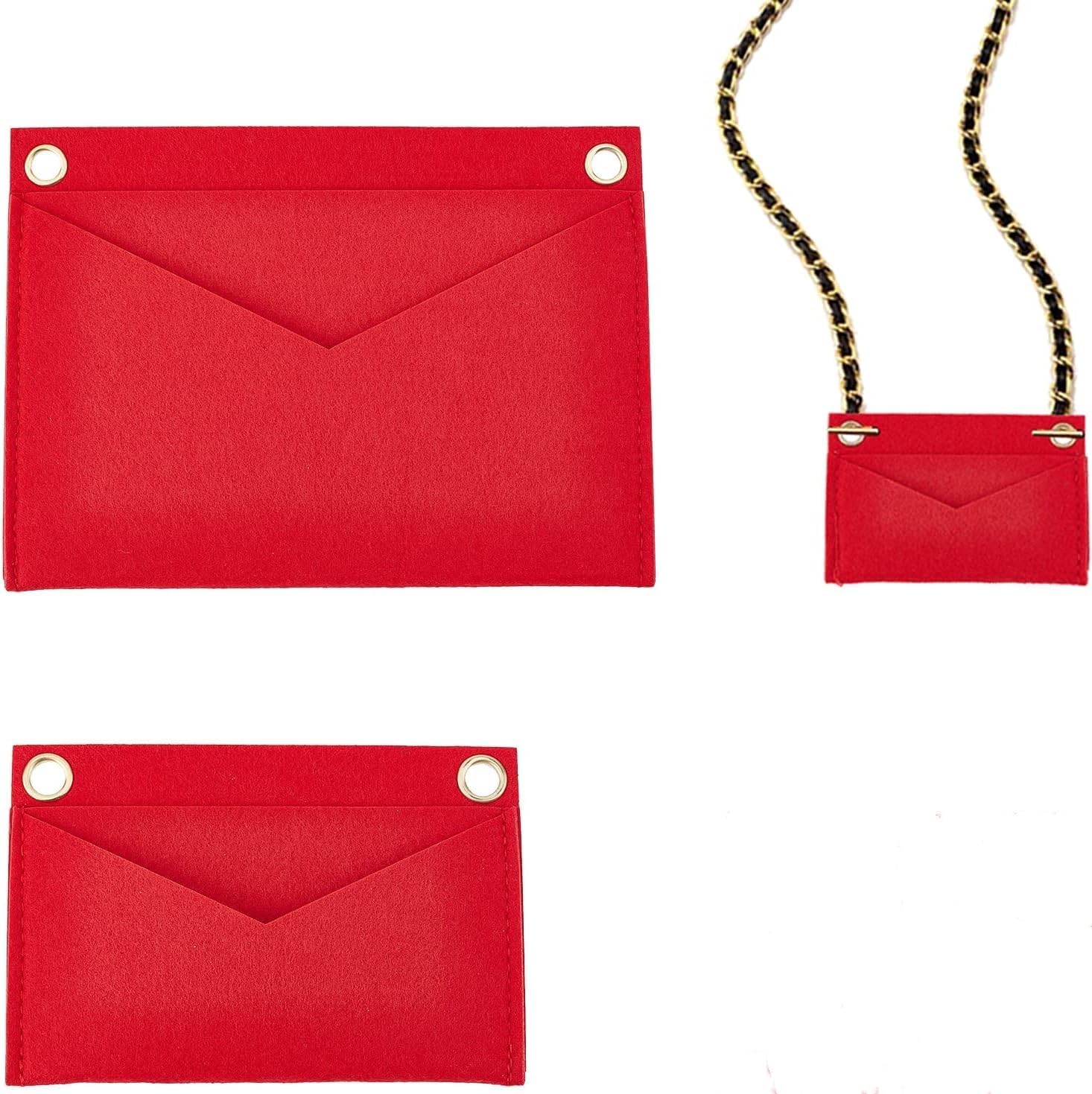 WADORN 3 Sizes Felt Purse Organizer Insert, Felt Handbag Wallet Organizer Bag in Bag Multi-Pocket Insert Liner Women Pochette Envelope Bag Insert with Grommets Crossbody Conversion Accessories, Red