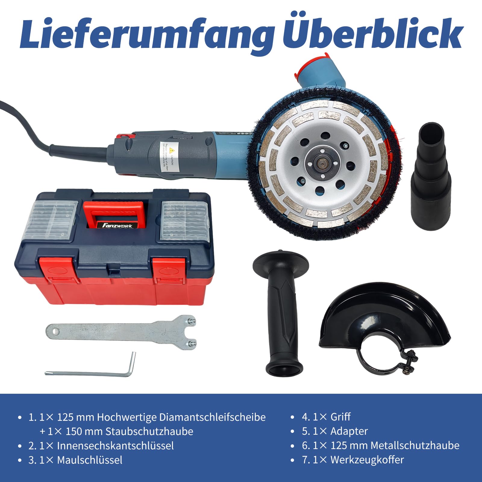 FANZWORK 1900W(MAX) Betonschleifer Winkelschleifer Set mit Bürstenloser EC-Motor, Betonfräse mit 125mm Diamantschleiftopf *1, Absaughaube *1, Tragbox *1, Präzises & Wartungsfreies Schleifen