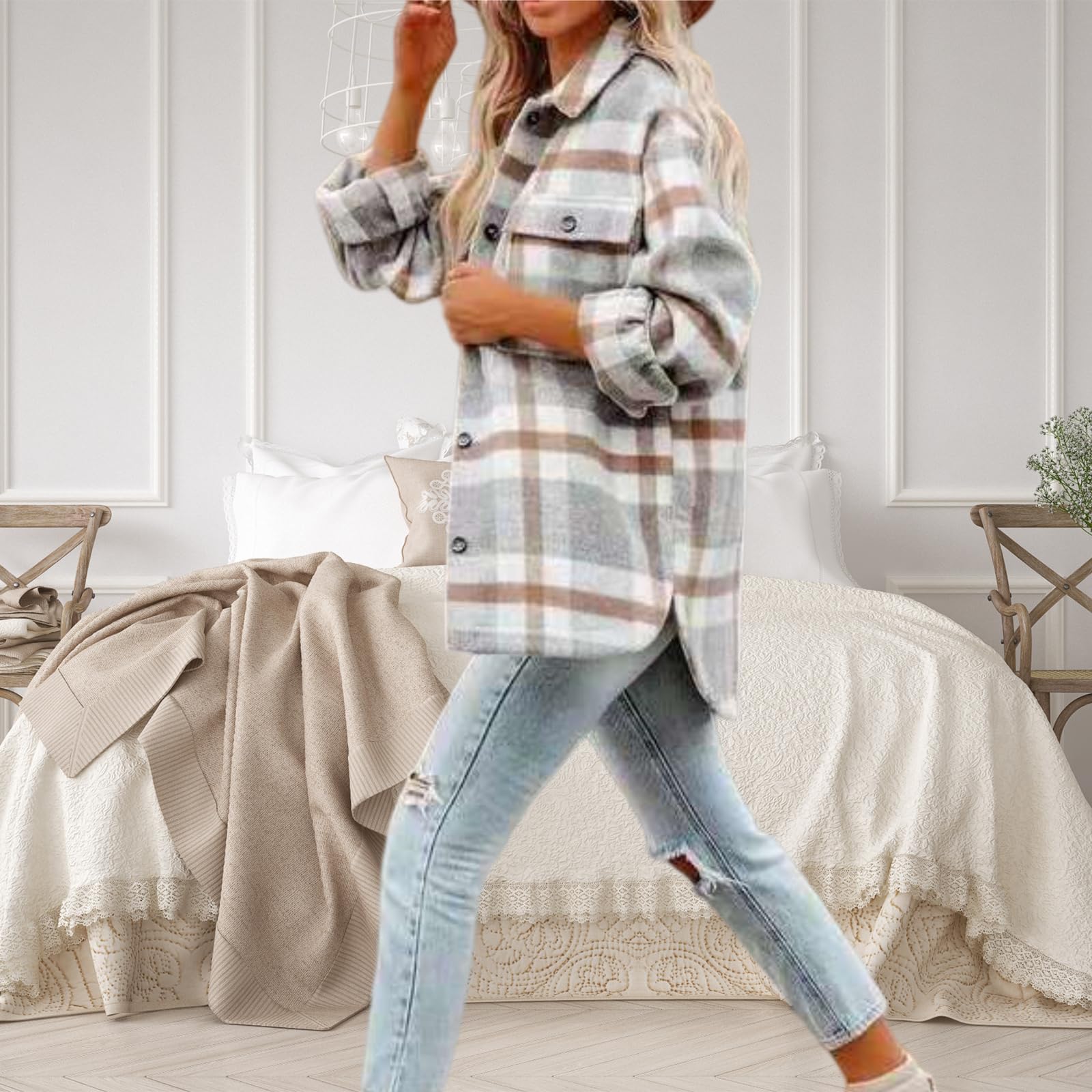 Generisch Camisas de franela de manga larga con botones y manga larga para mujer, informales, de franela, para negocios, para oficina