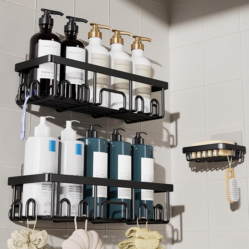 Veken Organizador de ducha, paquete de 3, diseño avanzado a prueba de herrumbre, estantes adhesivos sin perforación, estante con soporte para jabón, organizadores y almacenamiento de baño de gran capacidad, decoración de cocina y hogar montado en la pared, negro