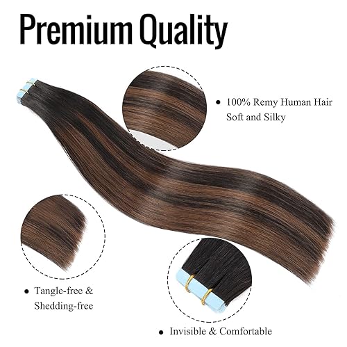 Miniatura 2 de JESSBO Extensiones de cabello humano Remy con cinta adhesiva, color negro natural a castaño, 14 pulgadas, 20 unidades de 1.41 ozpaquete, sin