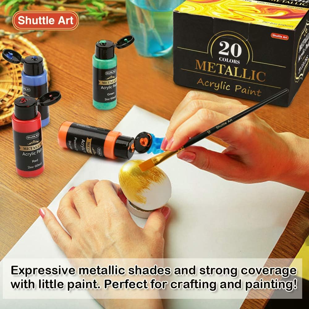 Metallic Acrylic Paint Set, Shuttle Art 20 Colors Metallic Paint in Bottles (60ml, 2oz) with 3 Brushes and 1 Palette, Rich Pigments, Non-Toxic for Artists, Beginners on Rocks Crafts CanvasWood Fabric : Arts, Crafts & Sewing