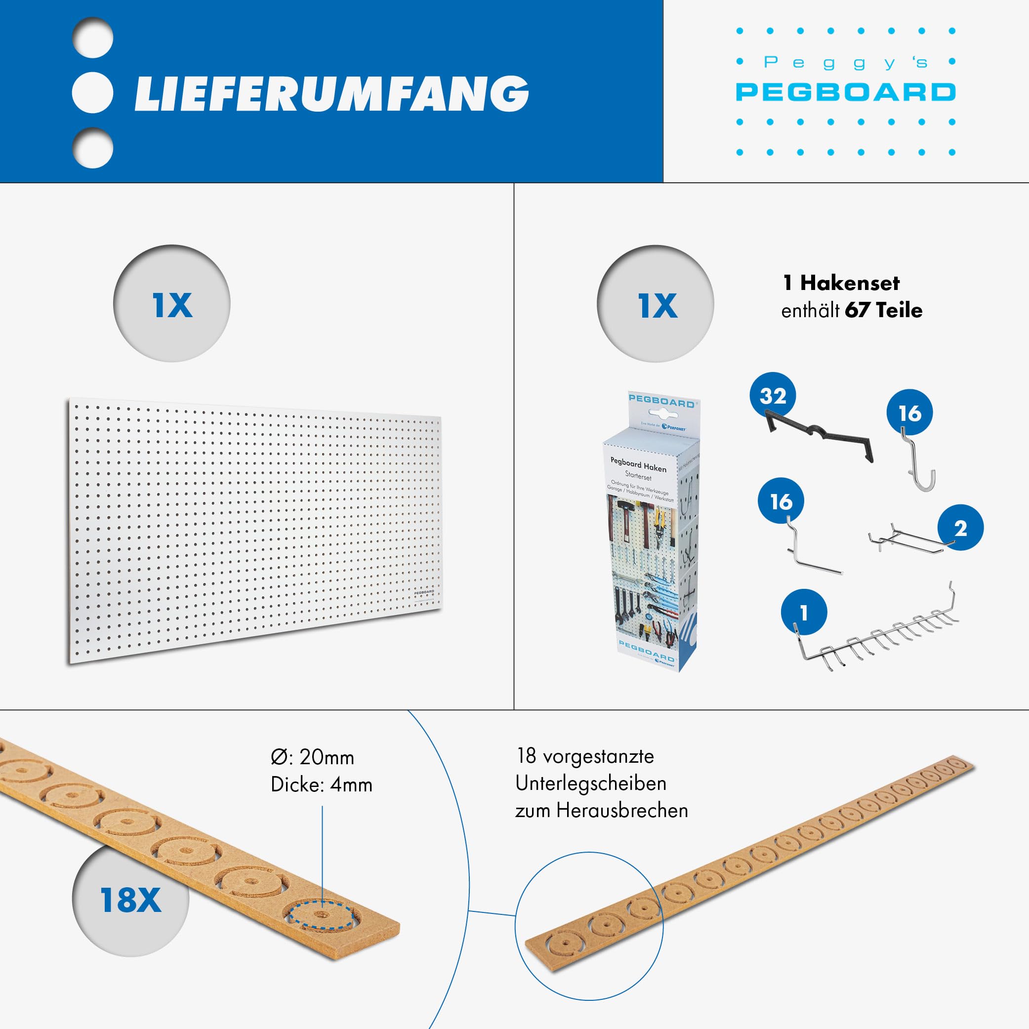 Pegboard Werkzeugwand aus Holz (MDF) inkl. 67-teiligem Hakenset - 120x60x0,5cm weiß/braun, Ø7mm Löcher & 25,4mm Lochabstand - für Werkstatt und mehr - FSC-zertifiziert & Made in Germany
