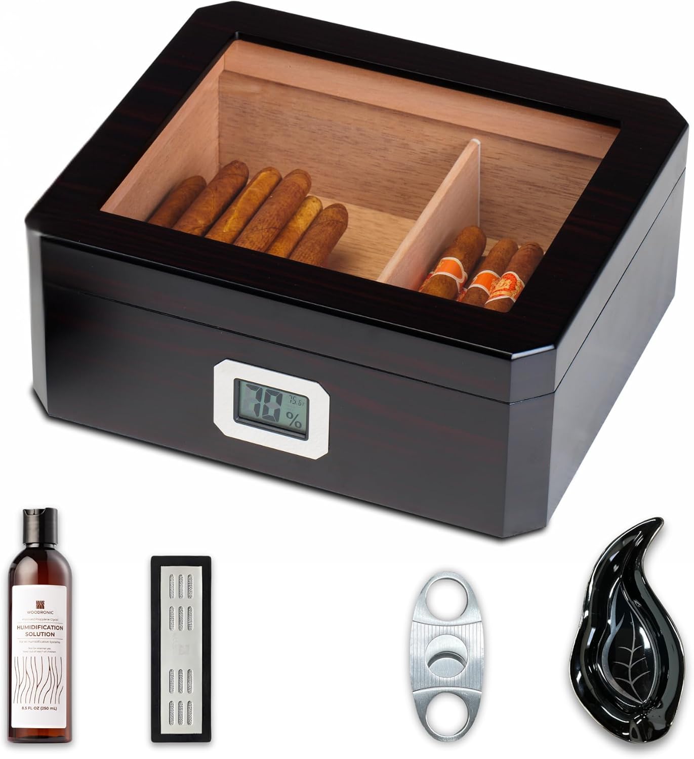 Woodronic Cigar Humidor for 50 Counts with Digital Hygrometer, Spanish Cedar Lined & Divider, Crystal Gel Humidifier, Humidor Solution, Cigar Cutter and Ashtray, Desktop Case Gift for Fathers