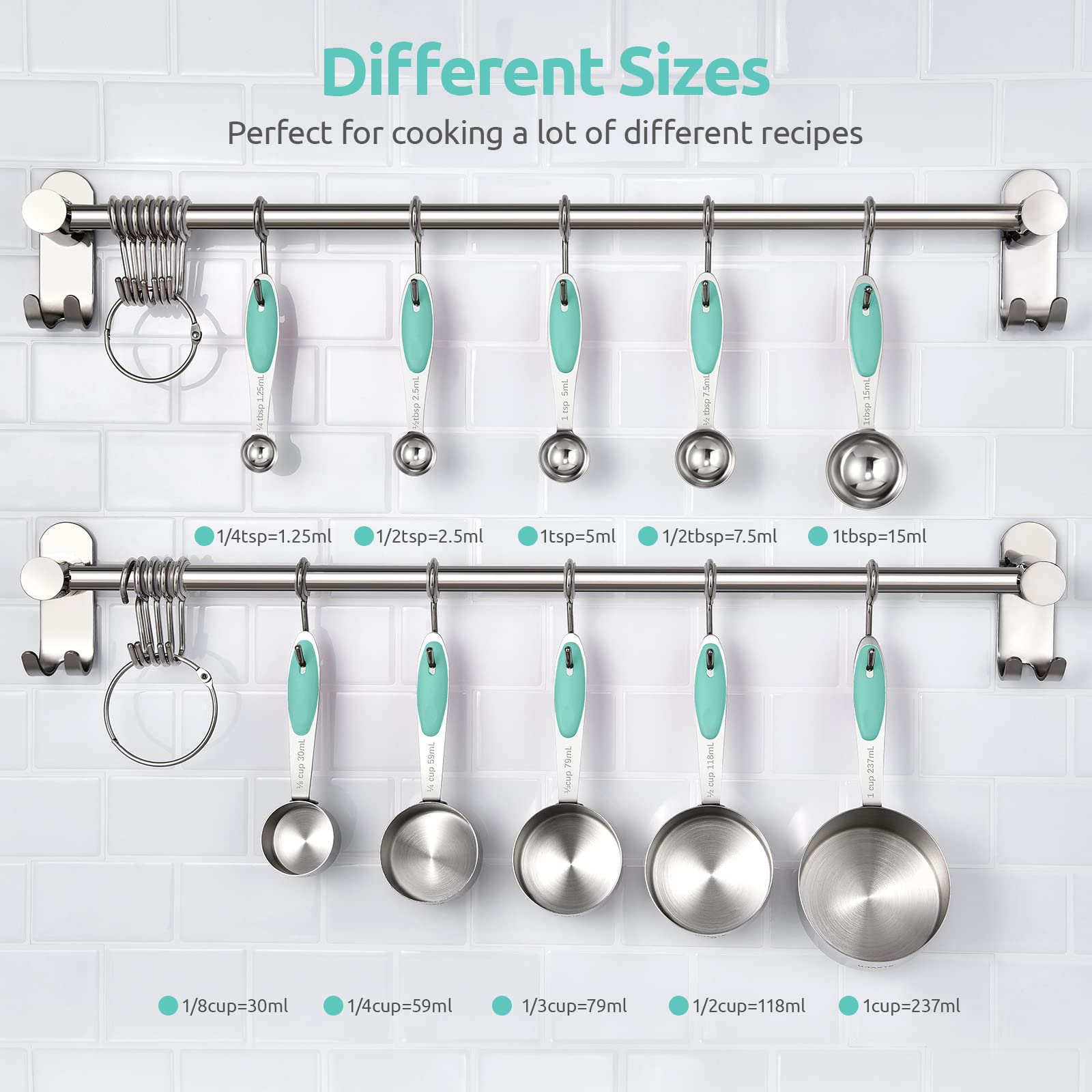 Measuring Cups and Spoons Set: U-Taste 18/8 Stainless Steel 10 Pieces Metal Stacking Kitchen Baking Cooking Food Measure Set 5 Cups 5 Spoons with Strengthened Weld Joints (Aqua Sky, Upgraded Version)