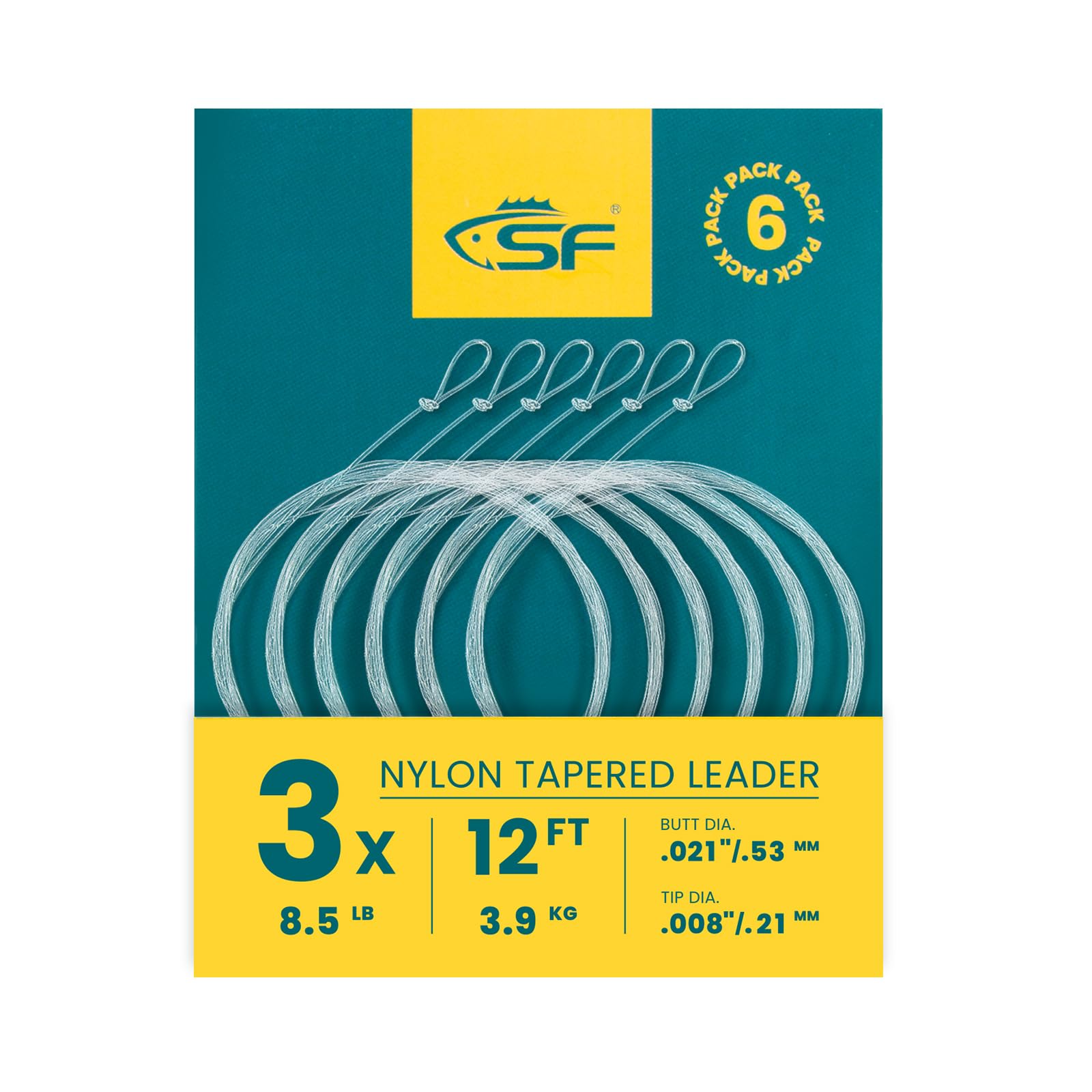 SF 6Pcs Pre-Tied Loop Fly Fishing Tapered Leader Nylon Fly Trout Leader 12FT-3X, 6Packs Pre-tied Tapered Leader