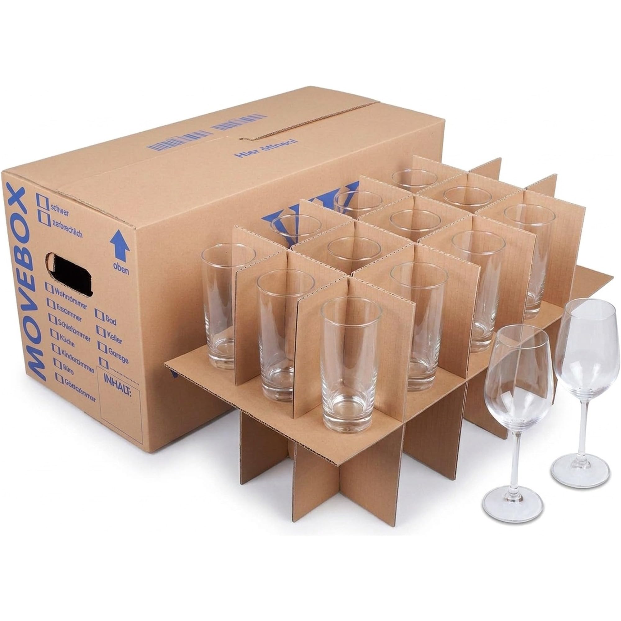 Boîtes en verre KK Verpackungen avec 15 à 30 compartiments | 5 pièces, boîtes à vaisselle et à bouteilles pour déménagement | cartons de déménagement à 2 plis