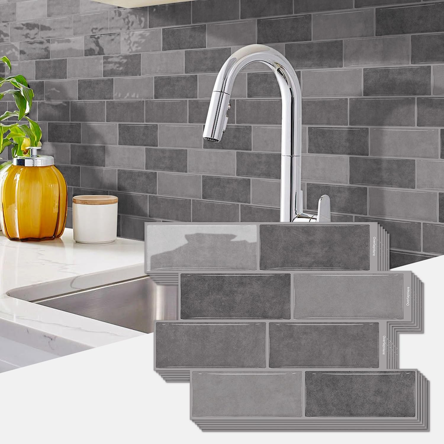 10 Sheets Marble Effect Tile Stickers, Peel and Stick on Tiles for Kitchen Bathroom Wall Backsplash Vinyl Waterproof Self Adhesive Tile Decals Covers (Grey)