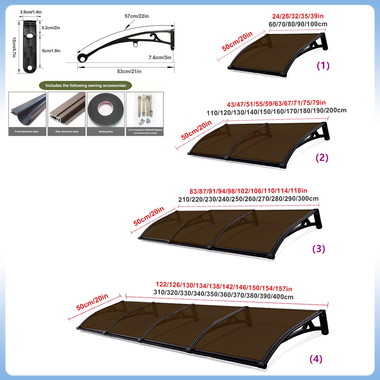 Pensilina Tettoia per Porta e Ingresso in Alluminio,Tende da Sole Marrone,Tendone in Policarbonato Curvo,Garden Pensilina da Esterno,Resistente ai Raggi UV Antipioggia (50x280cm)