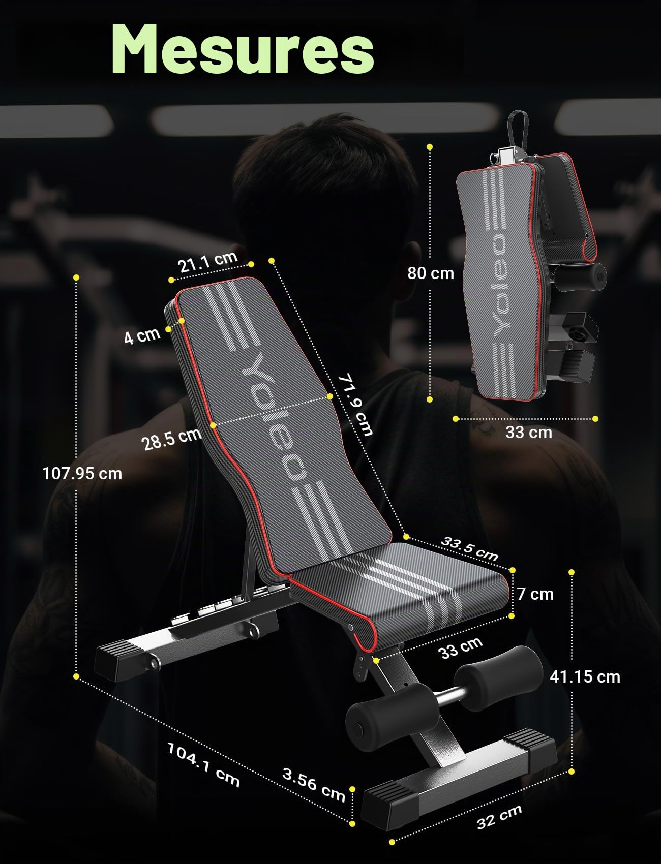 YOLEO Banc de Musculation Réglable - Banc de Fitness - Mousse de Pied épaisse Pliable - Dossier en 6 Positions Ajustable - Charge Maximale de 150 kg - Banc Abdominal pour Entraînement Complet