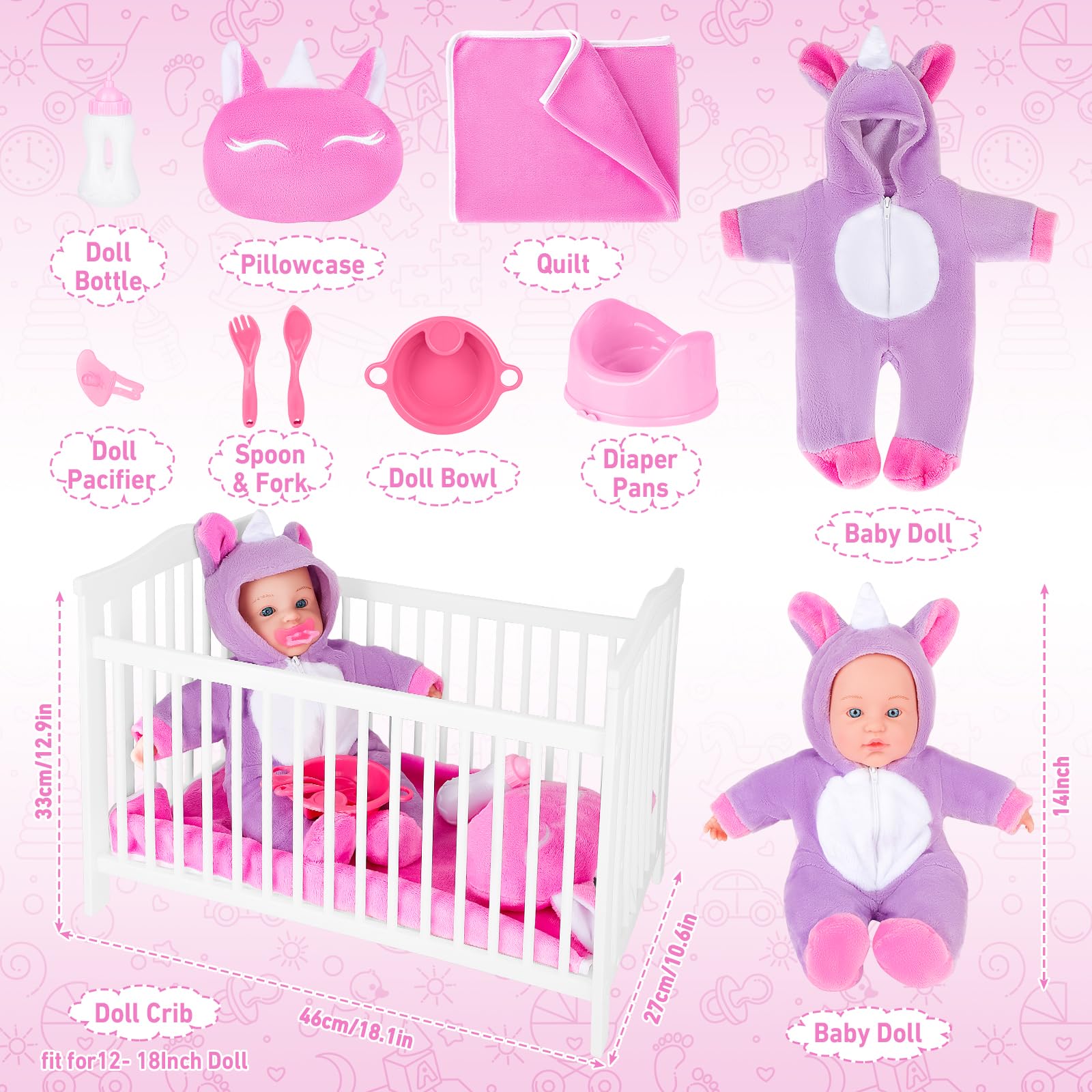 deAO Set Baby Doll con 18” Lettino e 14”Bambole Neonato | Bambola Bebè Set con Bambole Vestiti, Set di Alimentazione e Cura per New Born Baby Dolls, Giocattoli per Giochi di Ruolo