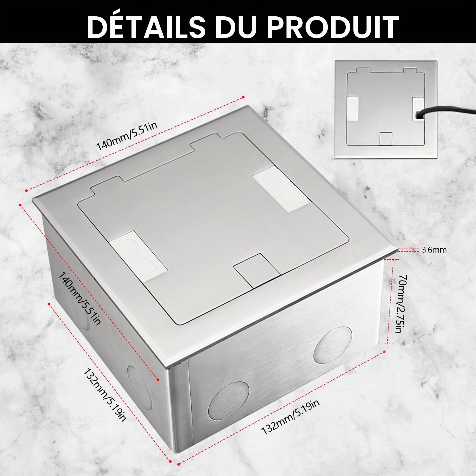 Boîte de Prise Encastrable au Sol, Prise Cachée Plate Encastrée 250V/16A avec 2 Prises EU et Connecteurs USB + Type C + CAT6, Prise de Courant Encastrée Étanche en Acier Inoxydable pour Maison, Hôtel
