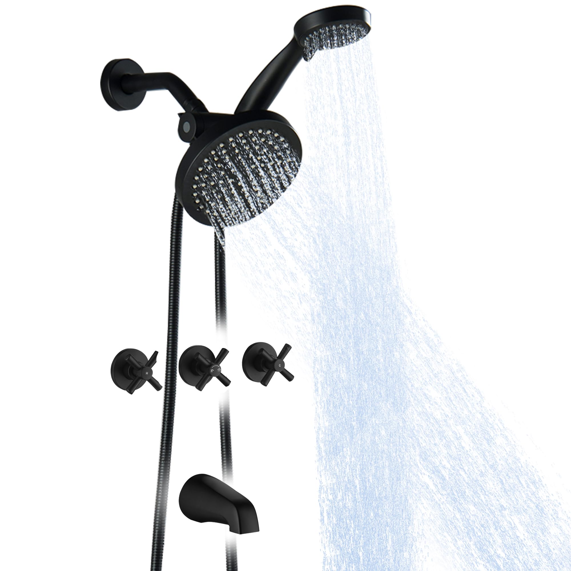 Photo 1 of LIWEIKE 3 Handle Tub Shower Faucet, Matte Black Three Handles and Tub Spout Faucet Set Black Shower Faucet 3 Knob Brass Rough-in Valve