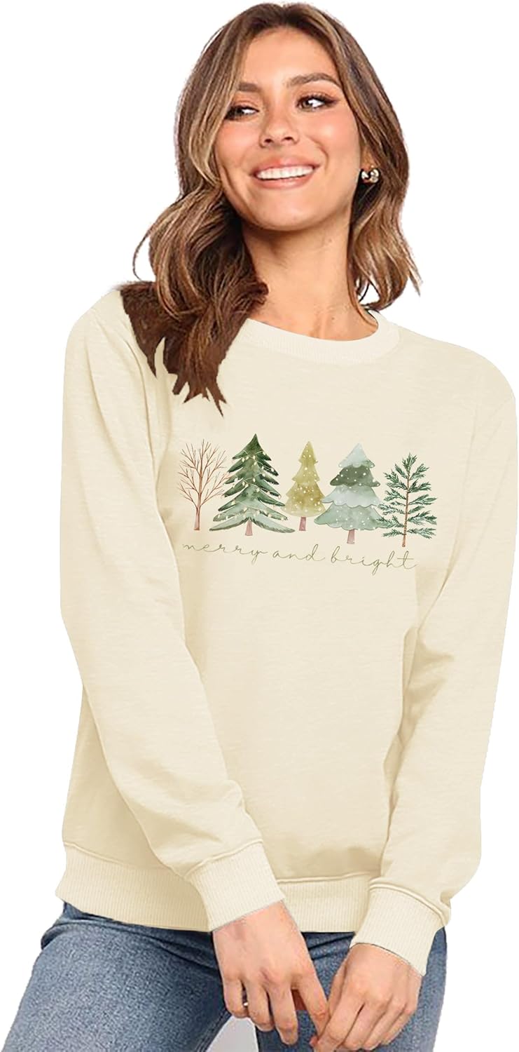 Christmas Sweatshirts Women: Merry and Bright Shirts Christmas Tree Graphic Long Sleeve Shirt Xmas Holiday Pullover Tops - Image 2