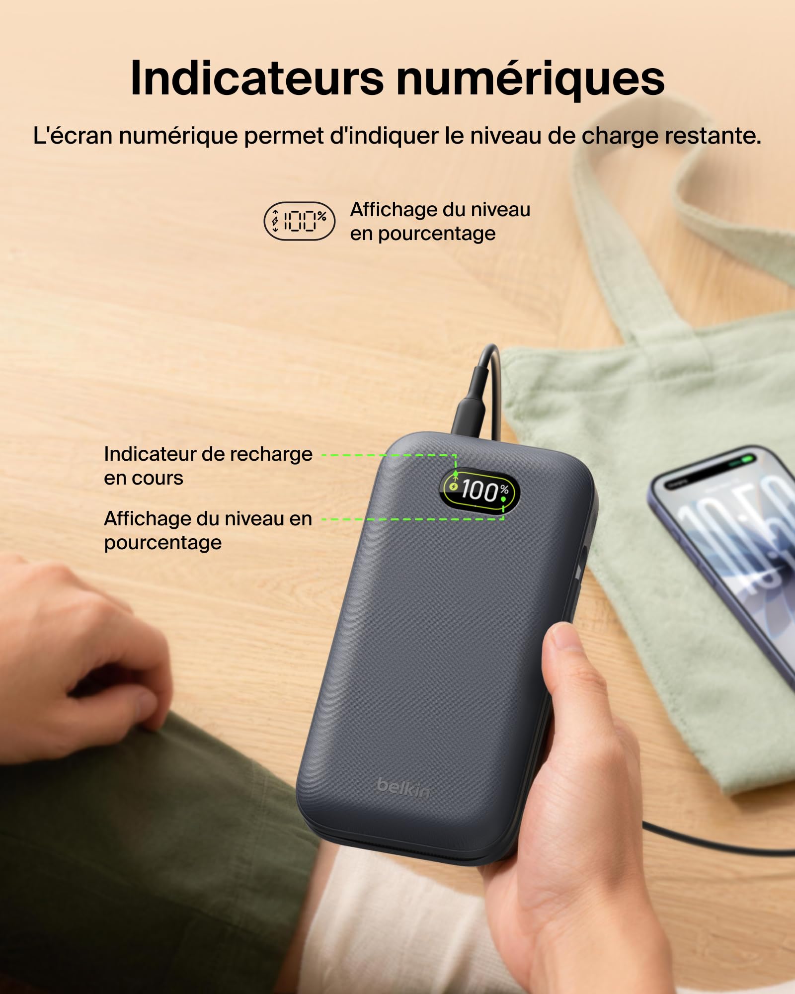 Belkin UltraCharge Pro Batterie Externe 27000mAh, Chargeur Portable avec Câble USB-C Intégré, USB PD 240 W, Power Bank Charge Rapide pour MacBook Pro, iPhone, iPad, Galaxy, Pixel, etc., Gris