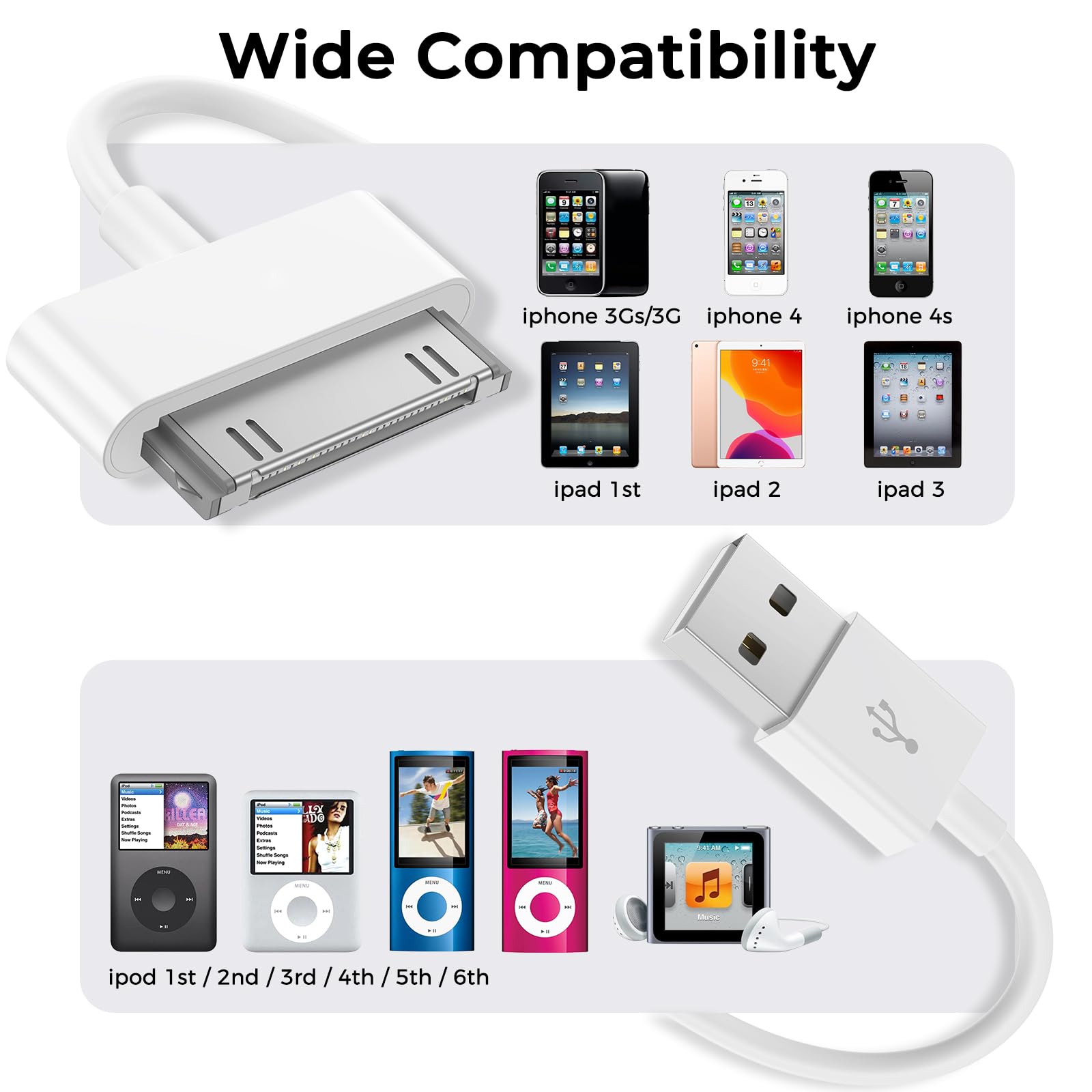 Vancle Cable de Carga USB 30 Pines Compatible con iPhone 4 4s 3G 3Gs, iPad 3 2 1, iPod Touch 4 3 2 1, iPod Classic 3 2 1, Cargador Rápido Cable de Carga de Repuesto Portátil (1m)