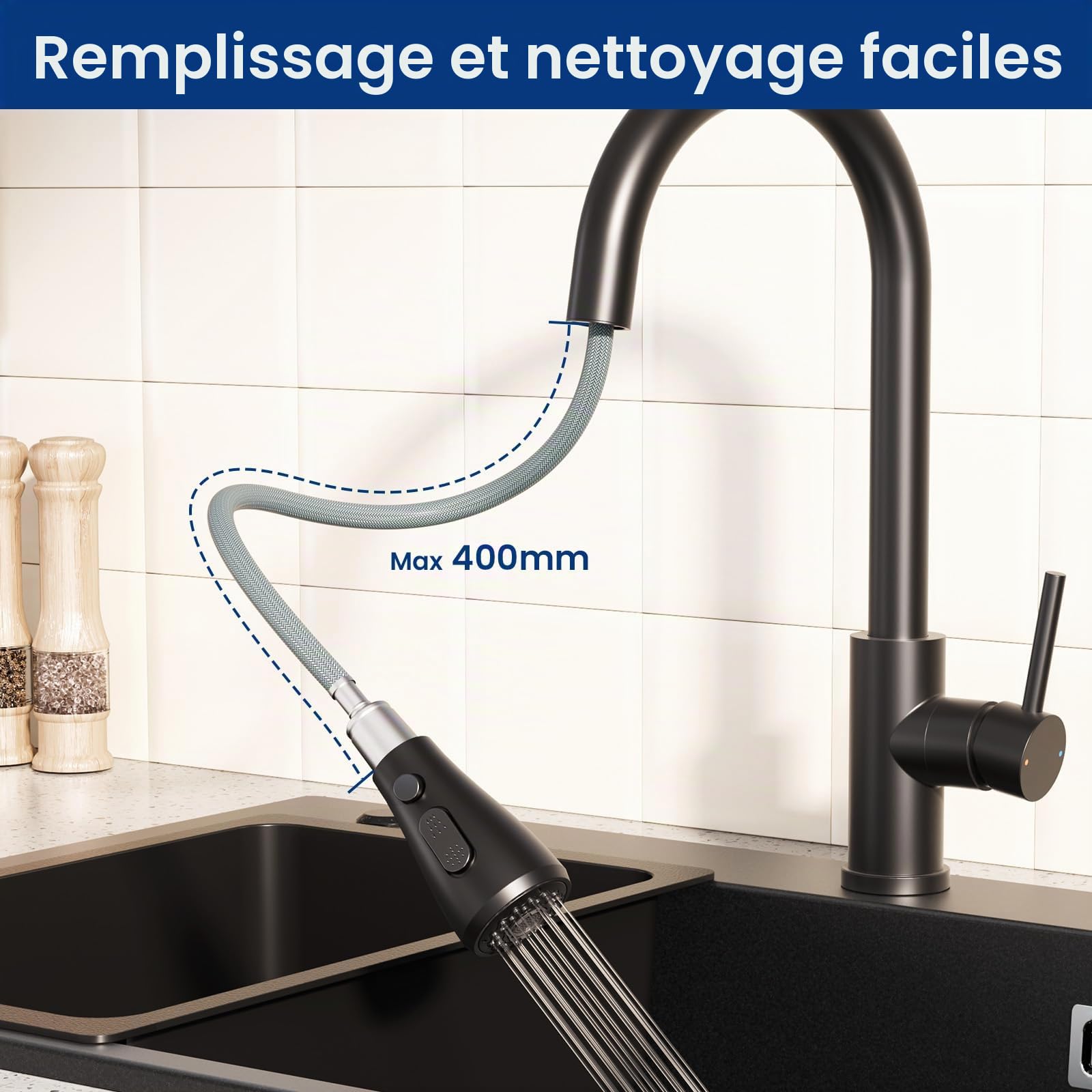 CECIPA Évier de cuisine noir 70 x 45 x 20 cm avec robinet extensible et distributeur de savon, évier en granit avec garniture d'écoulement et de trop-plein, 1 bac encastrable à partir de 80 cm de