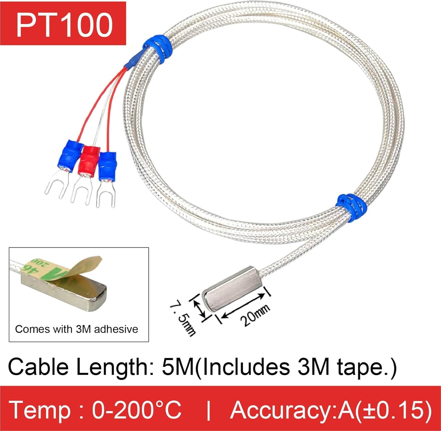 PT100 Surface Temperature Sensor Adhesive Temperature Probe High Temperature Stick-on Sensor with 3M Tape(A-5m)