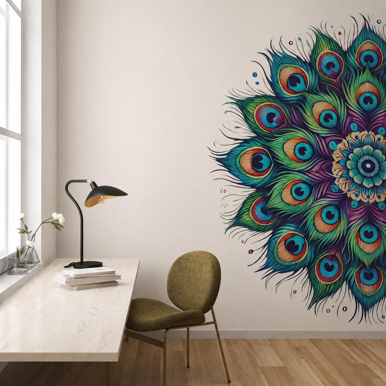 Peacock Feather Mandala Wall Decal, Multicolour, Boho Floral Sticker, 55 x 110 CM, Home Decor Self Adhesive Sticker (Pack of 1)-image-3