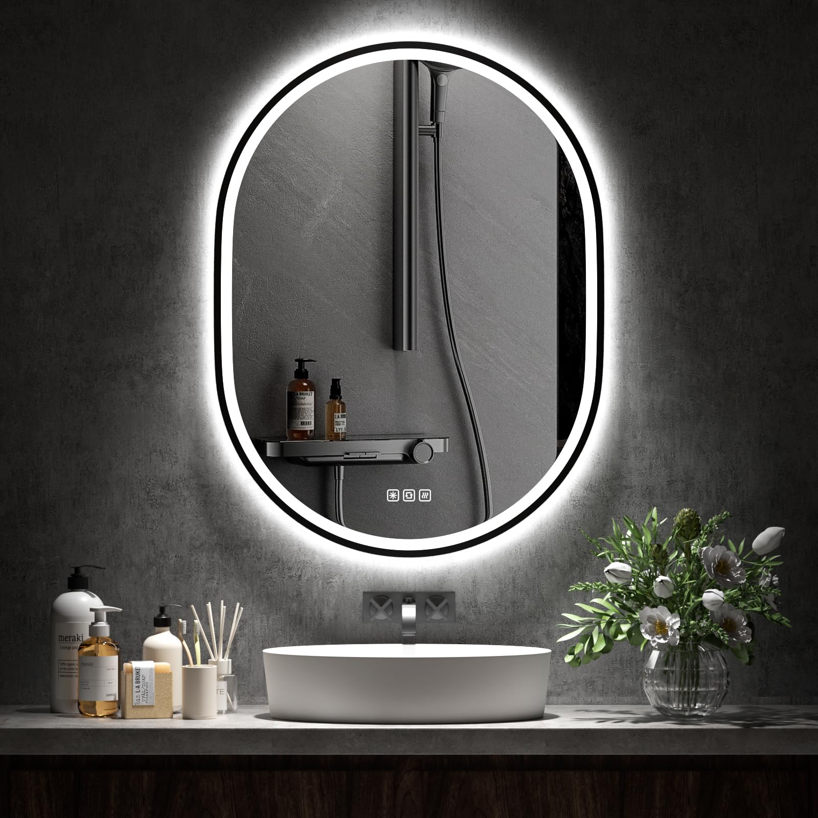 furduzz Espejo de baño ovalado LED con marco negro, 500 x 700 mm, espejo de baño iluminado con táctil/antivaho / regulable en 3 colores, montaje en pared, horizontal/vertical