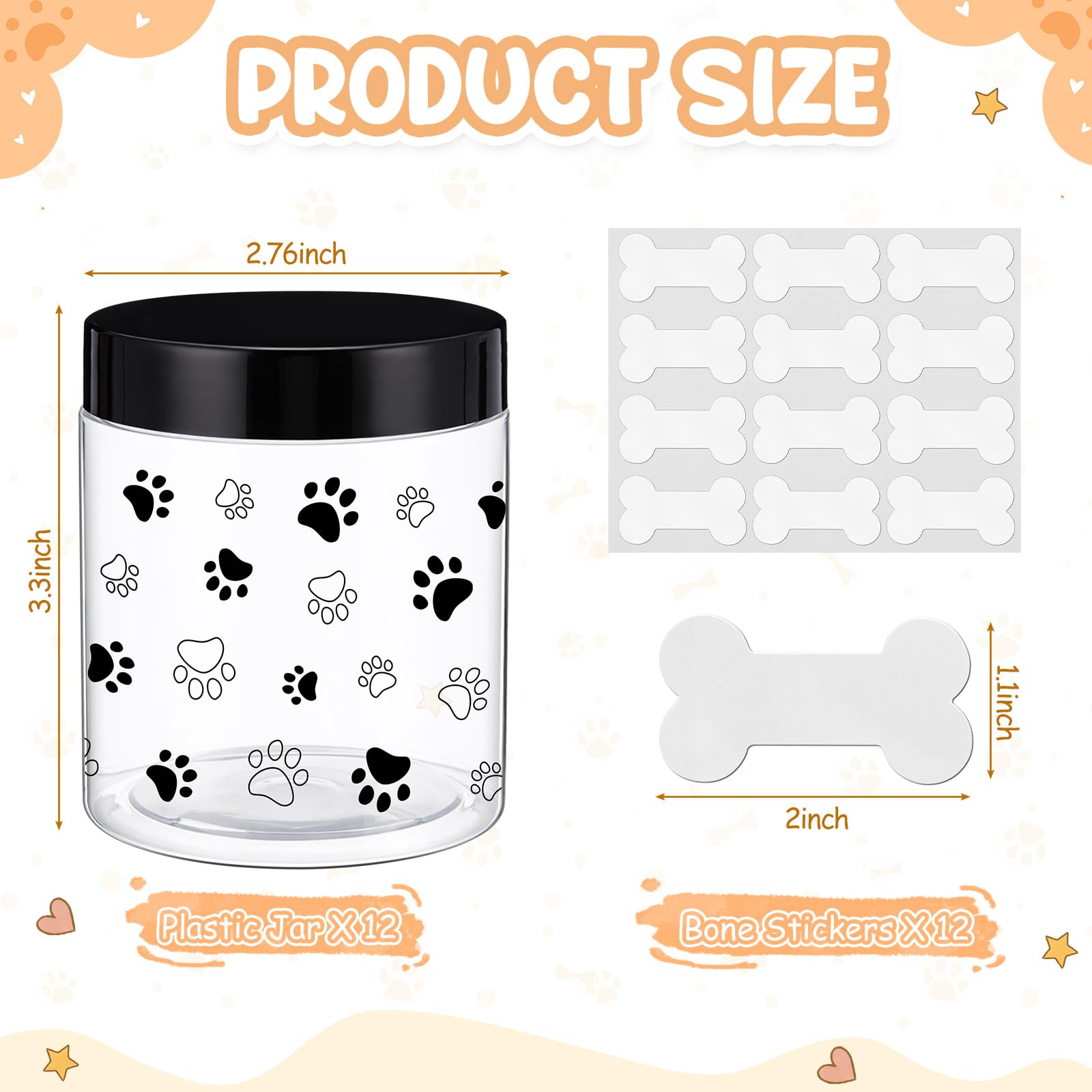 Suclain Confezione da 12 barattoli in plastica da 226,8 g, con coperchio con etichette per osso, piccoli contenitori vuoti trasparenti per alimenti secchi, snack, snack per cani, gatti, feste di