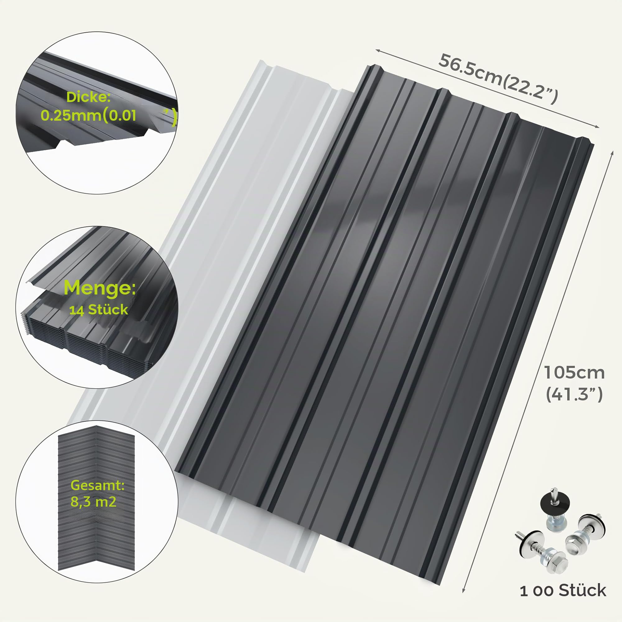 Mondeer Trapezbleche Dachblech Metall Dachplatten Verzinkter Stahl 0.25mm 105cm x 56cm 8 m² Dunkelgrau
