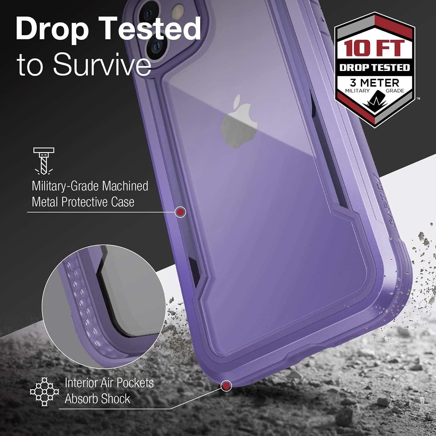 Raptic Shield Case for iPhone 12 & 12 Pro, Shock Absorbing, Aluminum Frame, 10ft Drop Tested, Purple