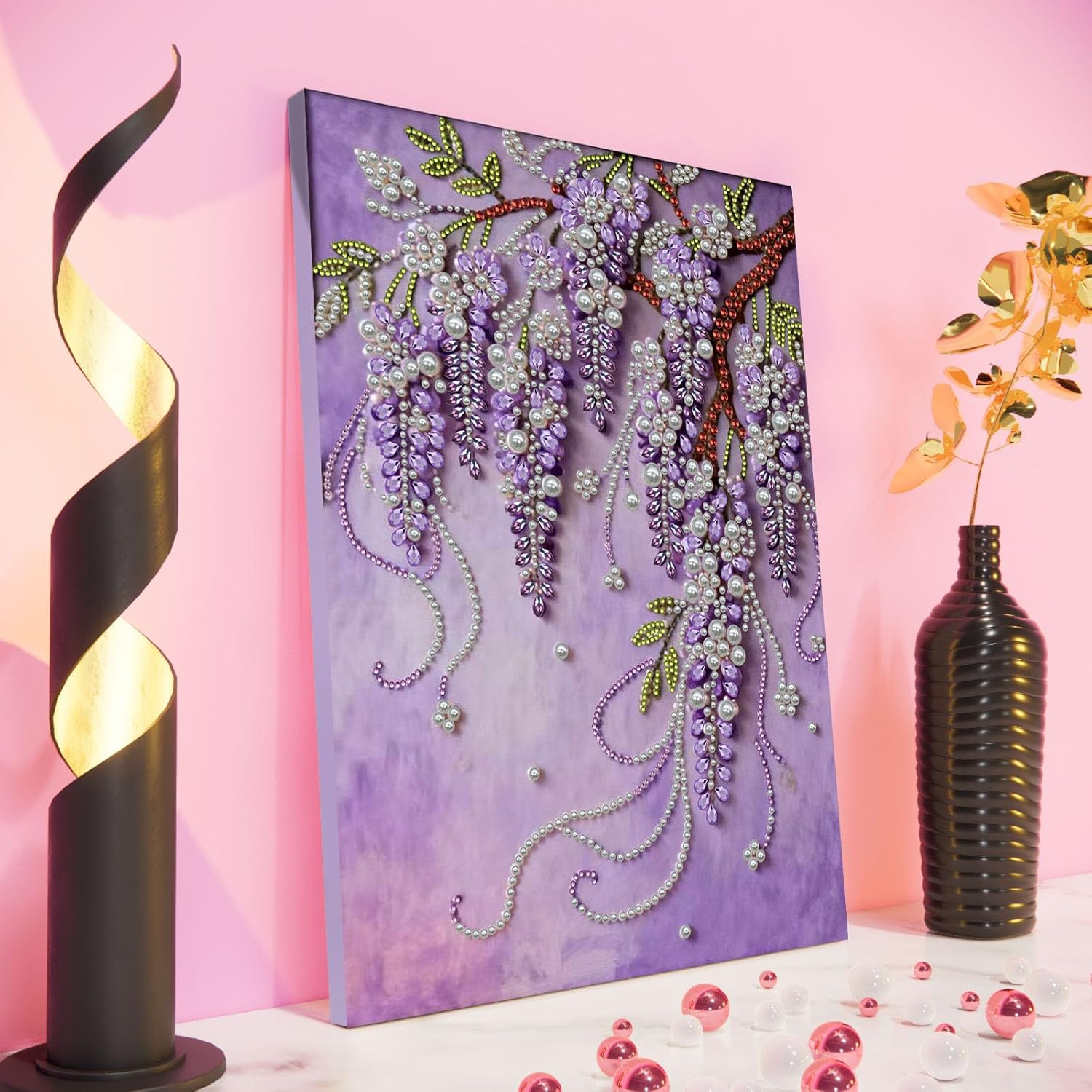 C'eitura Violet Flowers Pearl Diamond Art Painting Kit for Adults - 5D Shimmering Botanical Garden Wall Art with Frame 11.8x15.75in, DIY Purple Floral Home Decor, Calming Gift for Women Beginners