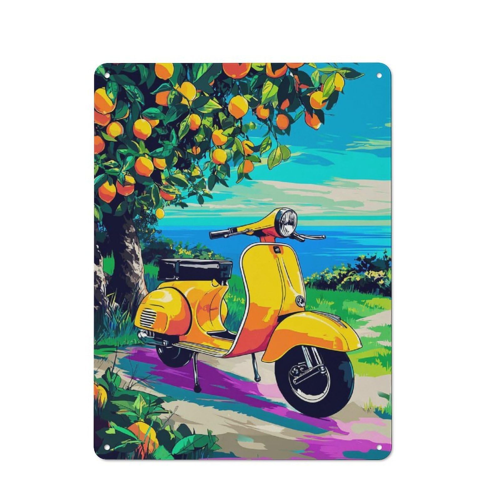 Classic Metal Plaque 40x30cm Featuring Vibrant Scooter by The Orange Tree, Bistro Wall Plaque for Kitchen, Cafe, Pantry Or Dining Room