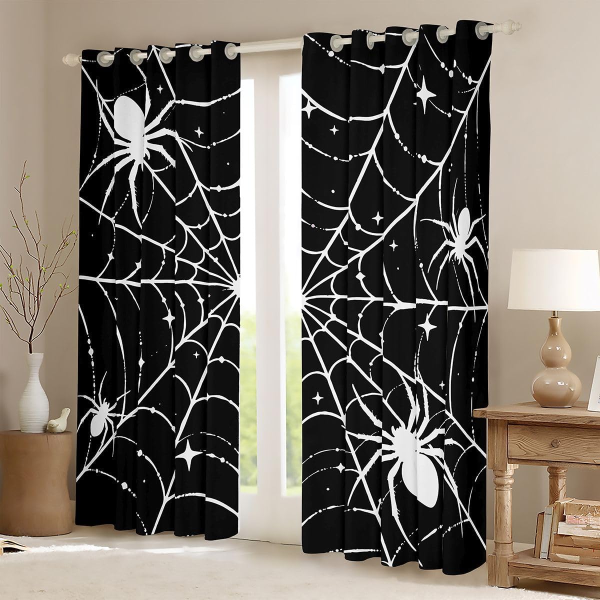 Feelyou Funny Halloween Window Treatments, 2 Panels 38 x 45 Inch Halloween Spiderweb Blackout Drapes Black White Room Decor Horror Animal Curtains for Bedroom Living Room image 2