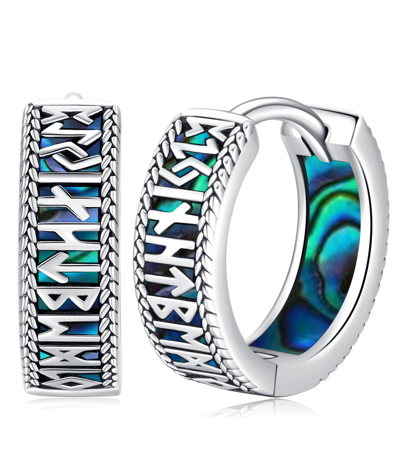 Unisex Sterling Silber 925 Creolen - Viking Rune Ohrringe Klapp Schwarz Klein Ohrschmuck für Frauen, Männer