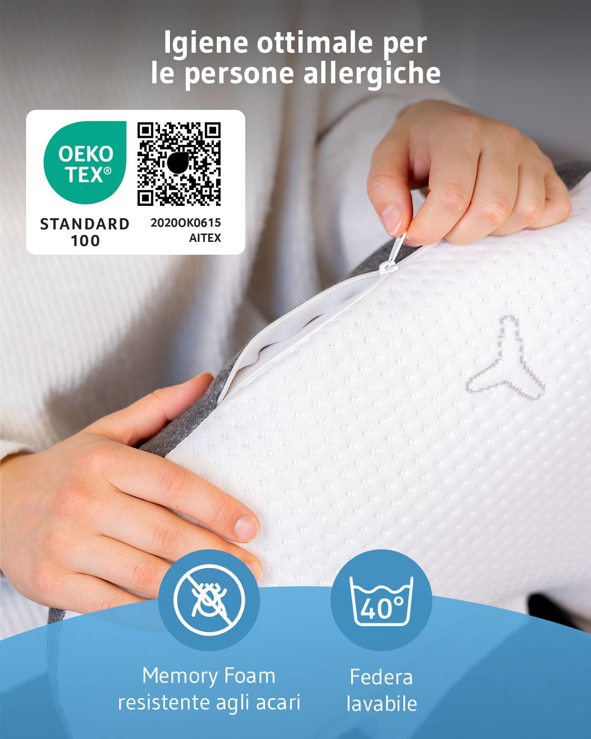 Cuscino ergonomico Twist, rivestimento con l'innovativa tecnologia Intense, cuscino in memory foam contro i dolori cervicali, cuscino ortopedico per chi dorme di lato e soffre di allergie