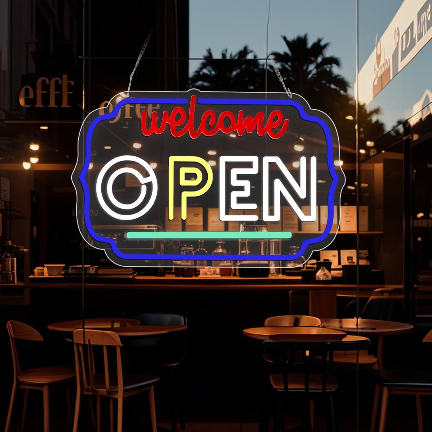 Open Sign for Business LED Neon Light – 16.8x11 Inch USB Powered Acrylic Wall Sign with Blue Trim, Red Welcome and White OPEN Letters for Store Window Shop Cafe Bar Decor - Image 3