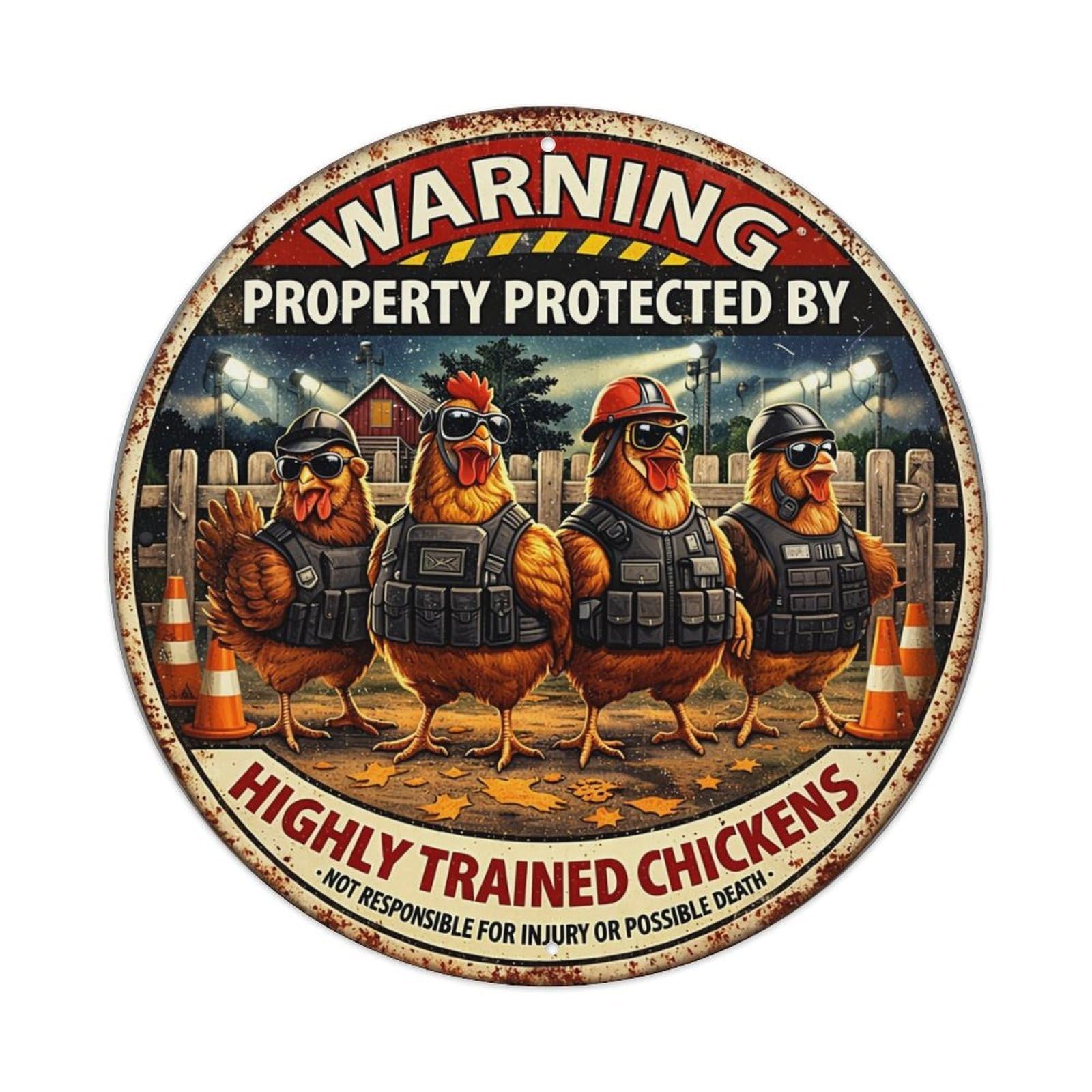 Jdyansheng Vintage Warning Property Protected By Chickens Tin Sign Metal Poster Metal Signs For Home Man Cave Bar Cafe Kitchen Laundry Room Wall Decorations 8X8 Inches
