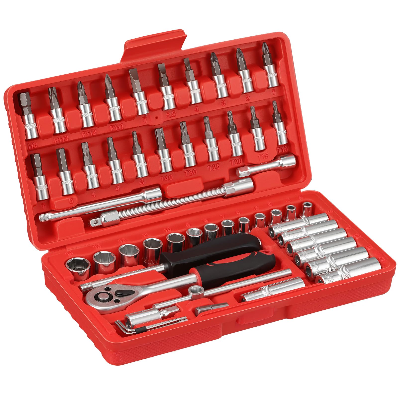 HSEAMALL 53 Piece 1/4 inch Drive Socket Wrench Set with Ratchet Socket Wrench, CR-V Steel Metric Extension and Screwdriver Bits for DIY, Car Repair and Home Use
