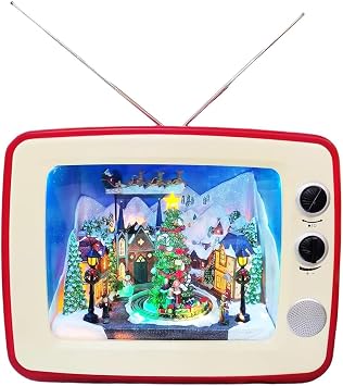 MOMENTS IN TIME Animated Red Retro TV Christmas Decoration LED Lighted Holiday Scene with Santa Sleigh & Train Plays 8 Classic Christmas Songs Plug-in Adapter Chirstmas Village