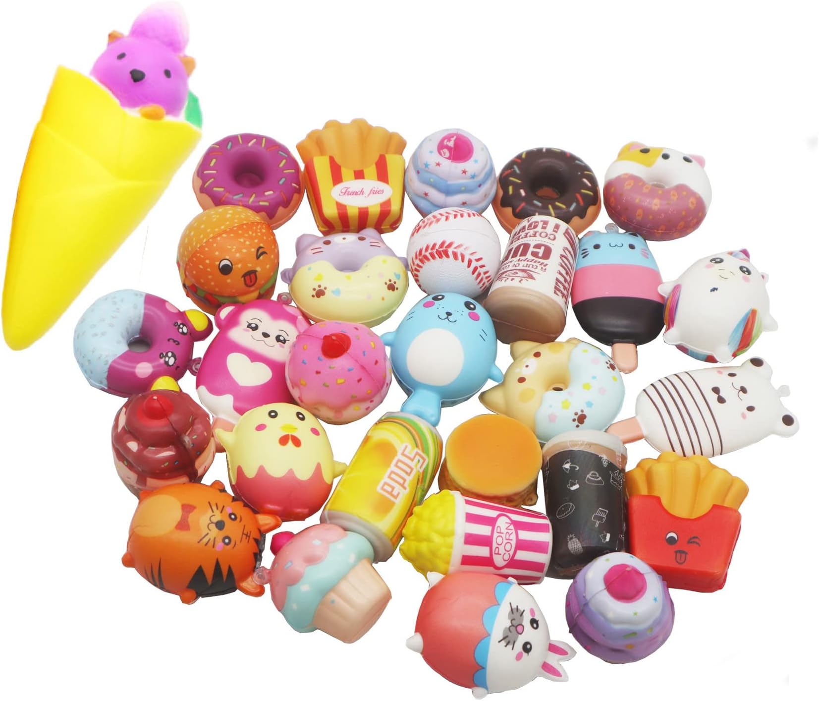 20 Pack Kawaii Squishies Sets Soft Slow Rising (1pc Jumbo + 19pcs Medium/Mini Size) Random Cake Bread Panda Bun Animals Cartoon Series with Phone Straps Squishy Kids Play Toys Charms