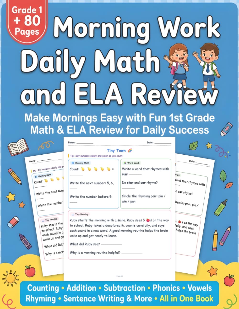 Morning Work 1 Grade Daily Math and ELA Review: Spiral Daily Math and ELA Review with Number Sense, Addition, Subtraction, Phonics, Sentence Writing & More for Grade 1 Practice for Kids Ages 6–7