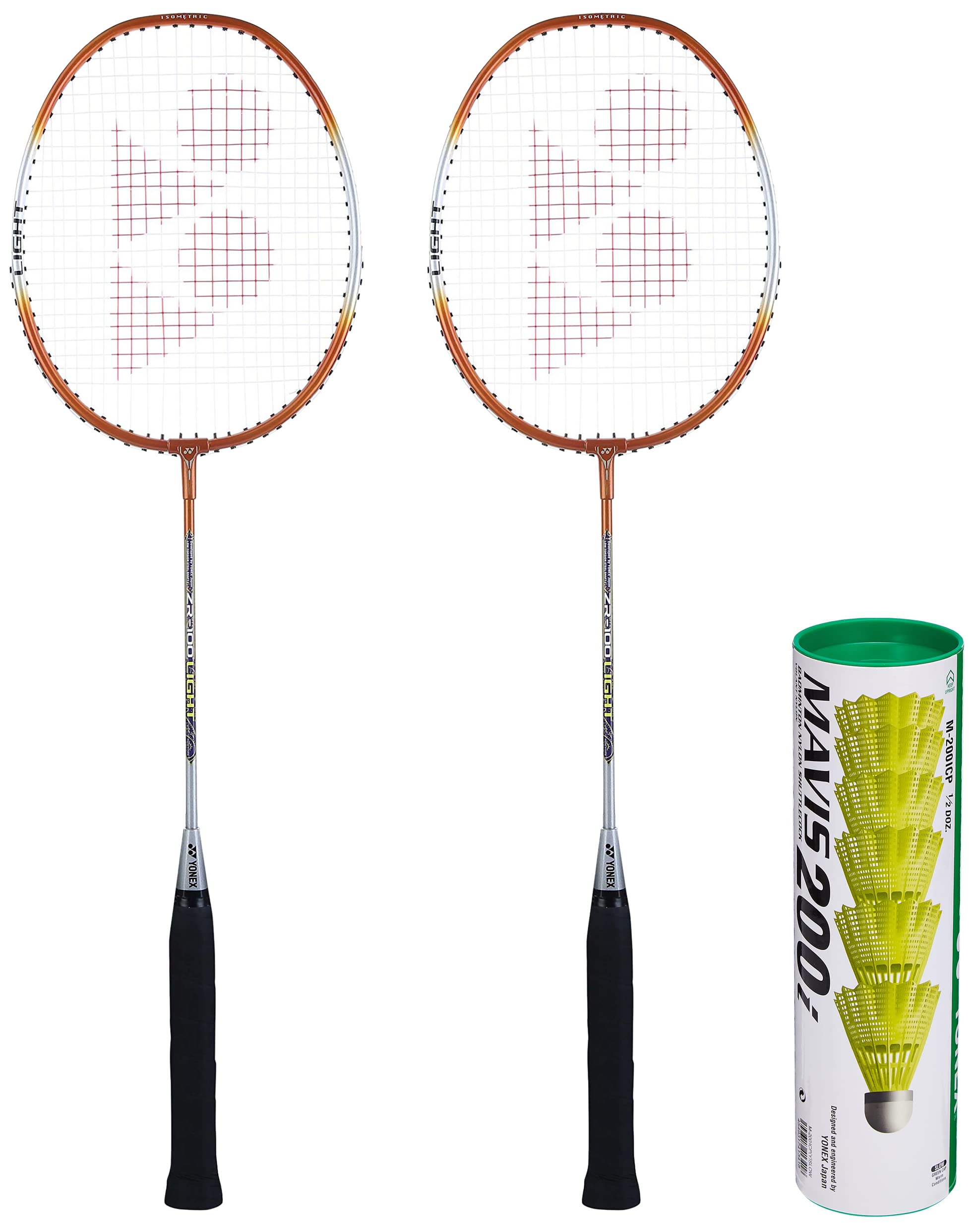 Yonex ZR 100 Light Aluminium Badminton Racquet with Full Cover, Set of 2 (Orange/Orange) | Made in India+Yonex Mavis 200i Nylon Shuttle Cock, Pack of 6 (Yellow)
