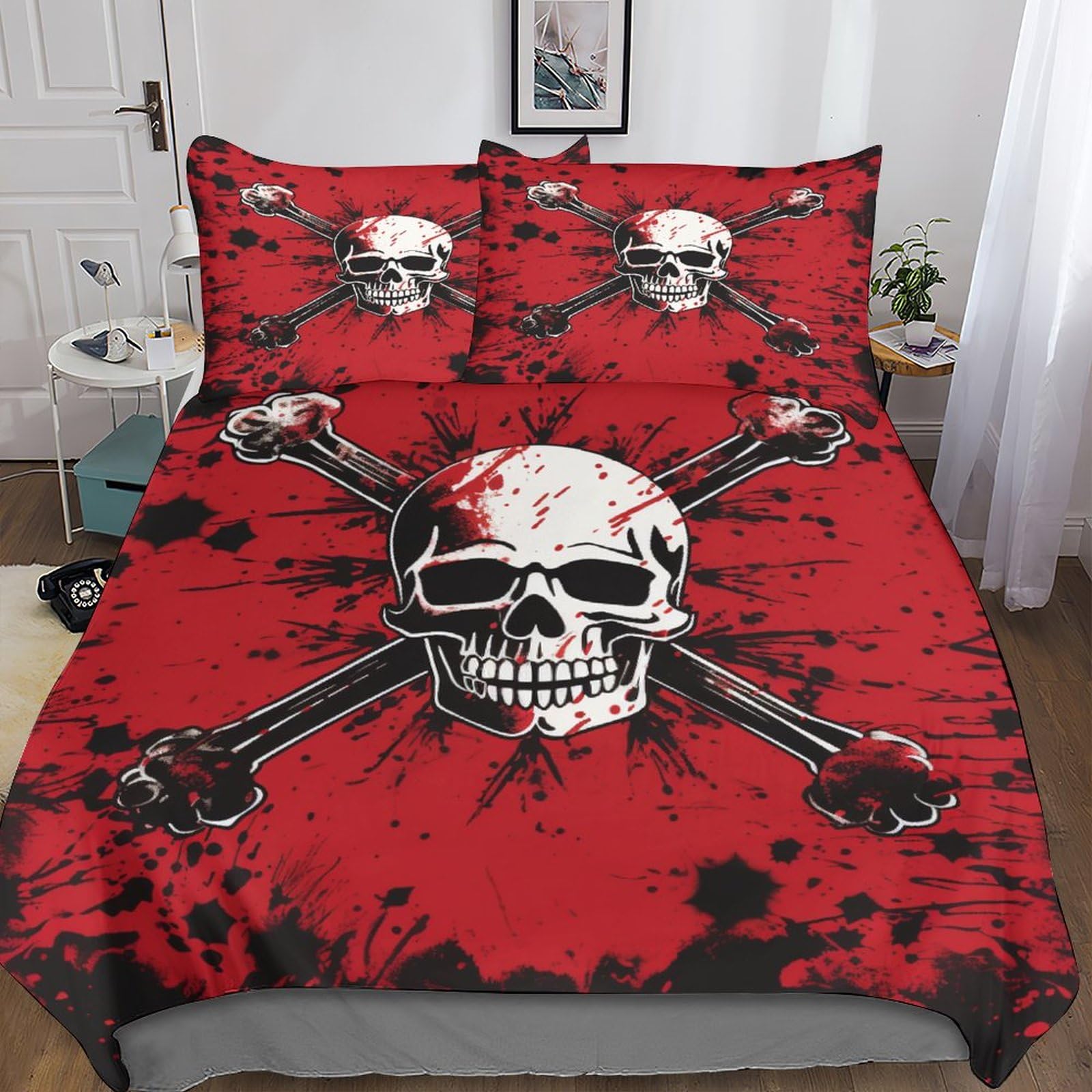 Housses de couettes crânes King IOFEER avec taies d'oreillers en coton pour lit double
