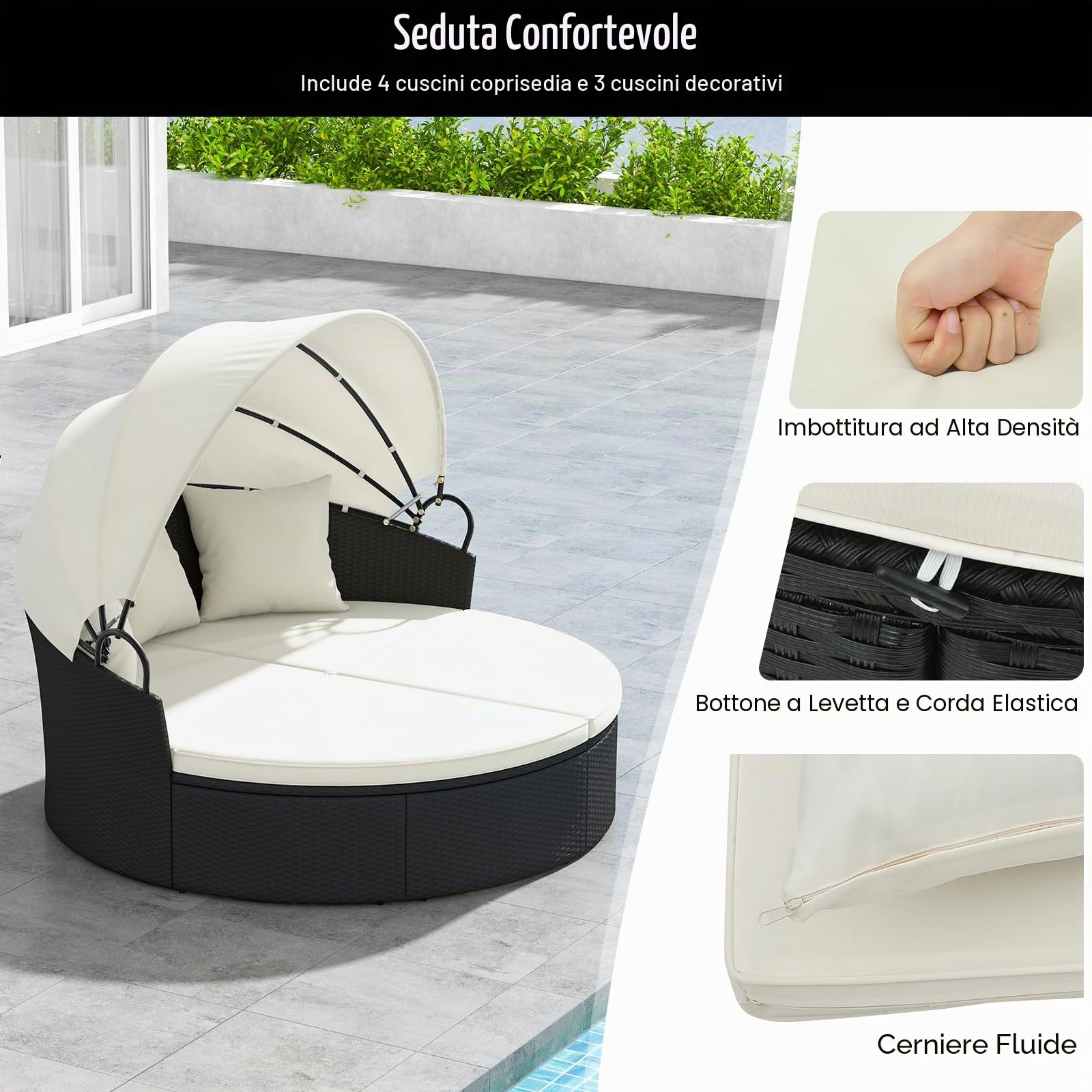 GIANTEX Isola prendisole con lettino e cuscini, tettuccio pieghevole, rattan lounge da giardino, sdraio da giardino, set rotondo φ187 cm per 2-3 persone, mobili da giardino per terrazzo (Bianco)