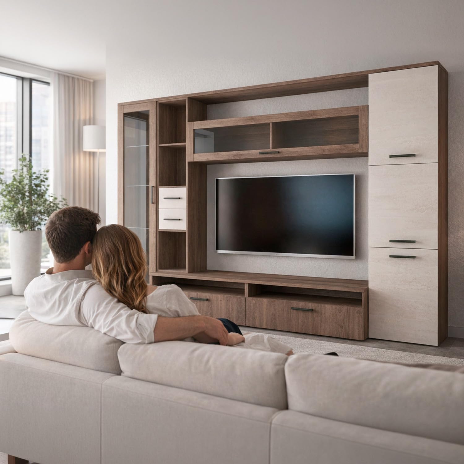 Arreditaly Parete Attrezzata Soggiorno Mobile Porta TV Con Vetrina E Cassetti Design Moderno Industrial Chic Con Ampio Vano TV Per Salotto Zona Living 270 x 213 x 50 Cm (Noce Spatolato)