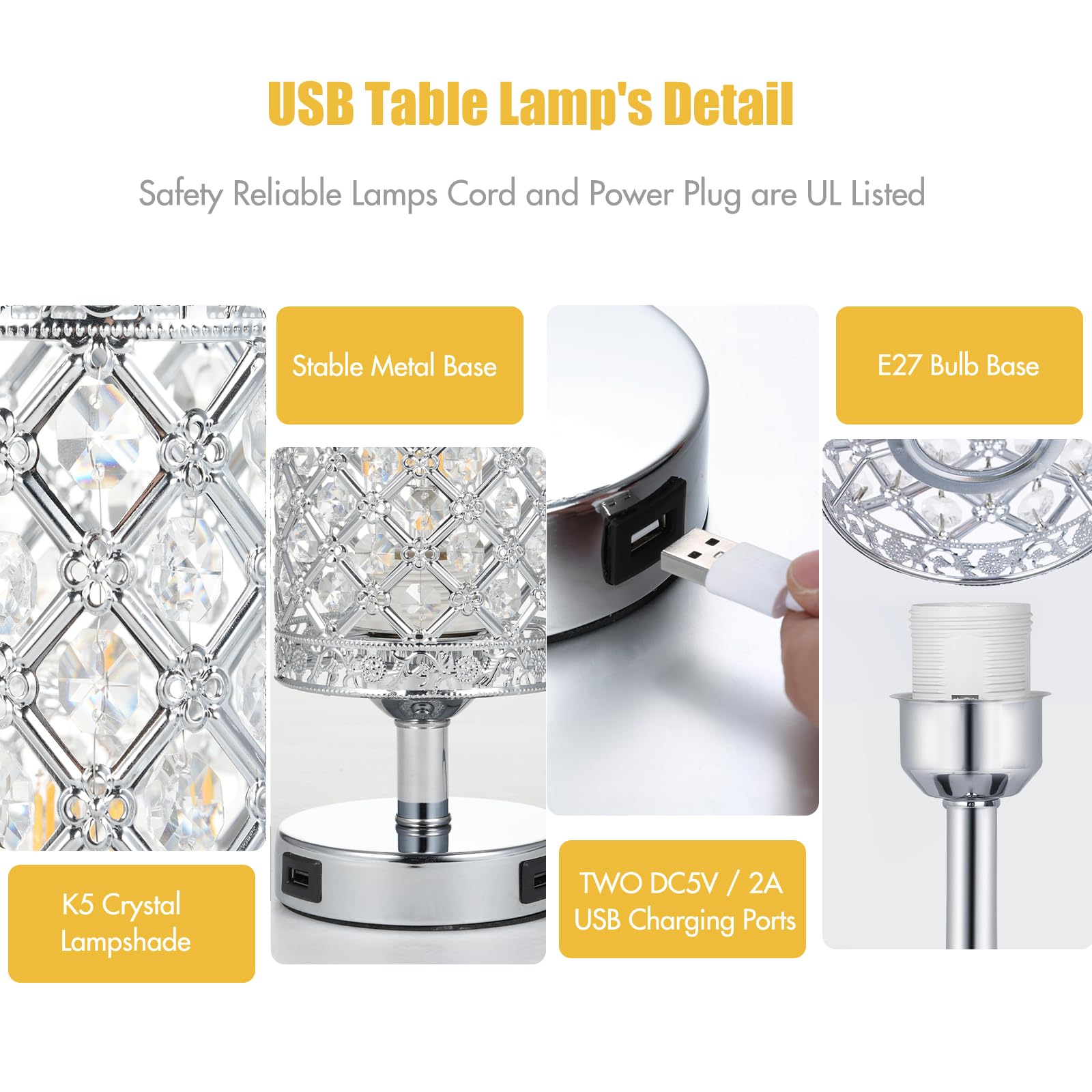 Nachttischlampe Dimmbar 12W 950LM, 2er-Pack Tischlampe Kristall mit Touch-Steuerung, zwei USB-Anschlüssen, 2 Glühbirnen (E27-Sockel), EU-Ladegerät, für Wohnzimmer, Schlafzimmer, Esszimmer – 30CM