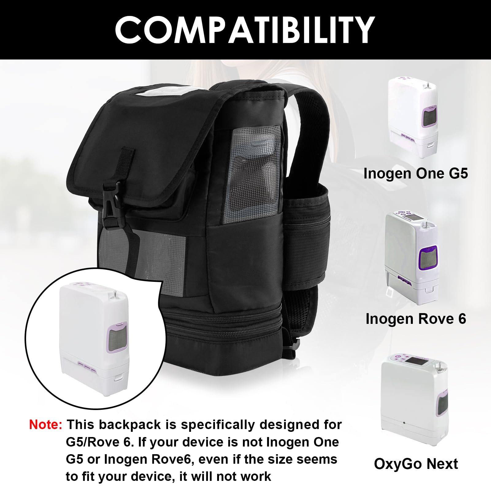 Mochila concentrador de oxígeno actualizada compatible con Inogen One G5 e Inogen Rove 6, dispositivo de oxígeno portátil ultra ligero portátil bolsa de malla para viajes al aire libre, Negro