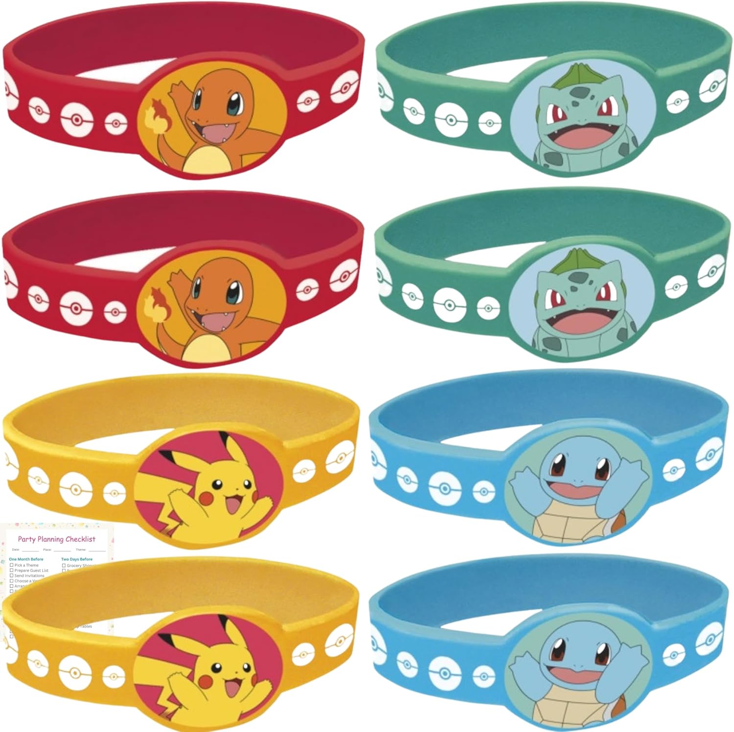 Unique Pokemon Party Bracelets | 8 Count | Fun Birthday Party Favors and Decorations | Officially Licensed | includes Checklist