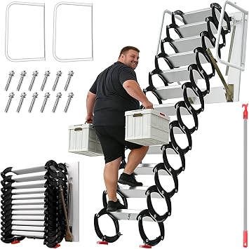 12FT Attic Ladder, 1102 LBS Wall Mounted Pull Down Stairs | Ti-Mg alloy frame, 28 x 24 inch opening, safety lock design, retractable attic stairs for lofts, storage rooms and garages