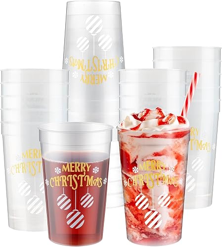 Paquete de 24 vasos de plástico de 16 onzas con texto en inglés "Merry Christmas" para estadios, reutilizables, para Año Nuevo, cócteles, vasos de