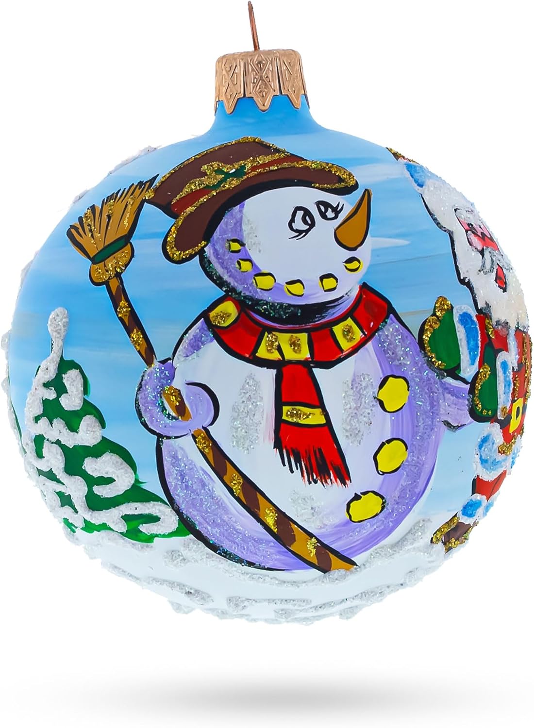 Joyful Laughing Santa with Snowman Glass Ball Christmas Ornament 3.25 Inches - Image 2